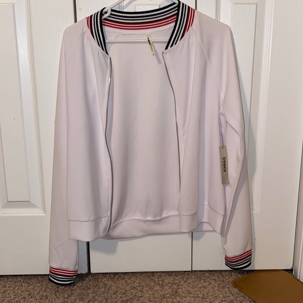 NWT boutique white zip jacket with red/black stripe cuffs on sleeves and collar